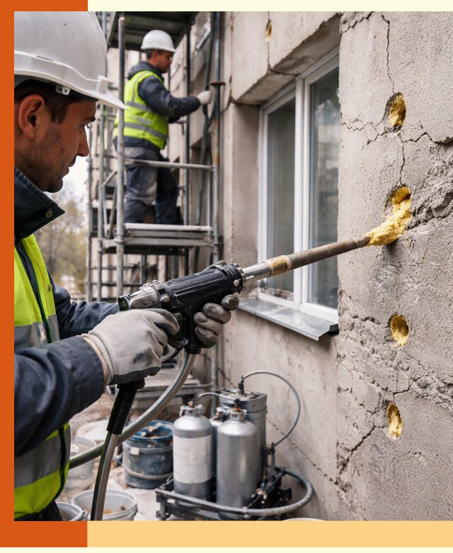 Заполнение пустот в фасаде и утепление стен в Первоуральске